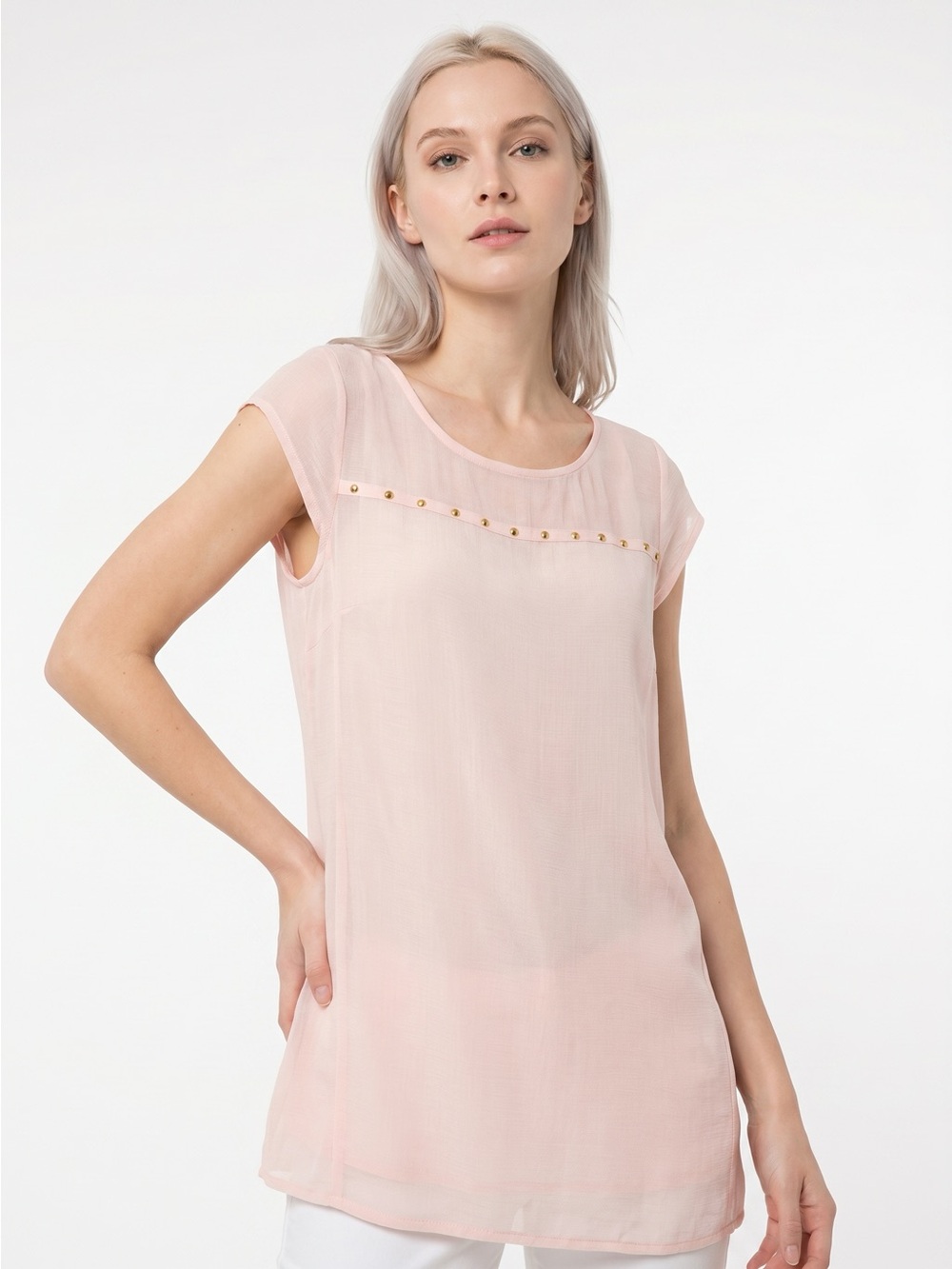 Pink sheer dynamite top with gold accents - Picture 1 of 3